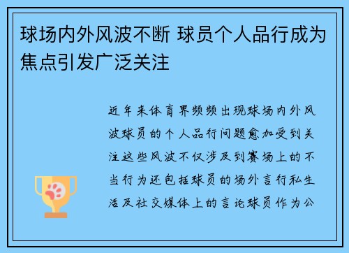 球场内外风波不断 球员个人品行成为焦点引发广泛关注