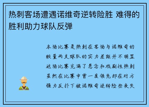 热刺客场遭遇诺维奇逆转险胜 难得的胜利助力球队反弹