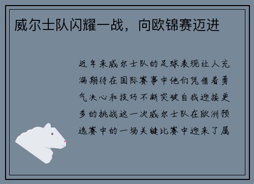 威尔士队闪耀一战，向欧锦赛迈进