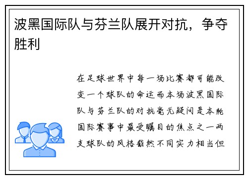 波黑国际队与芬兰队展开对抗，争夺胜利