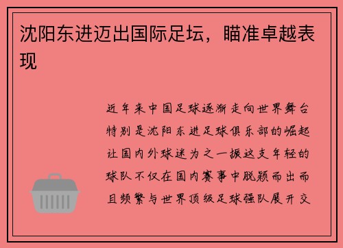 沈阳东进迈出国际足坛，瞄准卓越表现
