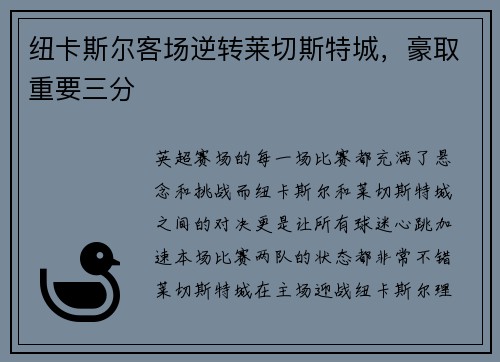 纽卡斯尔客场逆转莱切斯特城，豪取重要三分