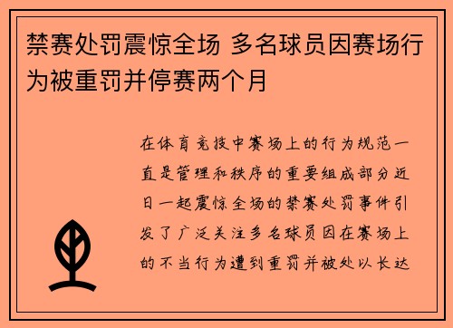 禁赛处罚震惊全场 多名球员因赛场行为被重罚并停赛两个月
