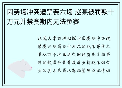 因赛场冲突遭禁赛六场 赵某被罚款十万元并禁赛期内无法参赛