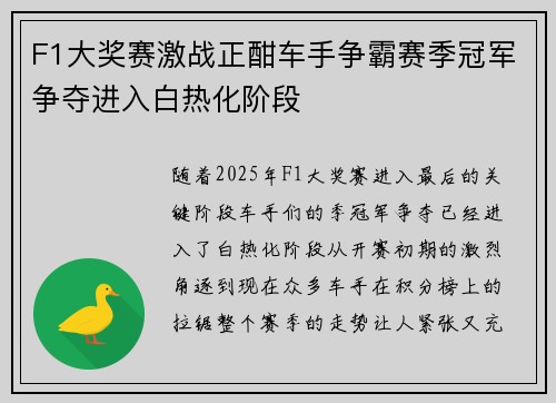 F1大奖赛激战正酣车手争霸赛季冠军争夺进入白热化阶段